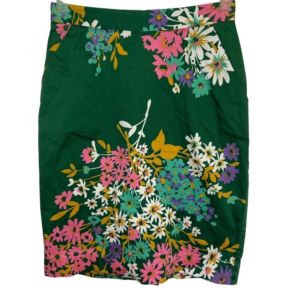 ANTHROPOLOGIE ODILLE Abronia Pink‎ Green Floral Cotton Spandex Skirt Small